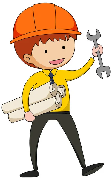 Kleine Ingenieur Doodle Cartoon Figur Isolierte Illustration — Stockvektor