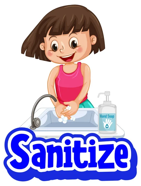 Sanitasi Font Dalam Gaya Kartun Dengan Seorang Gadis Mencuci Tangan - Stok Vektor