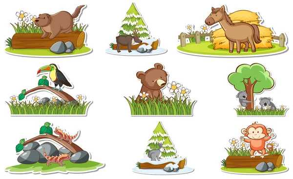 Aufkleber Set Mit Verschiedenen Wildtieren Und Naturelementen Illustration — Stockvektor