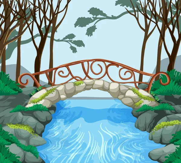 Waldszene Mit Steinbrücke Über Den Fluss Illustration — Stockvektor