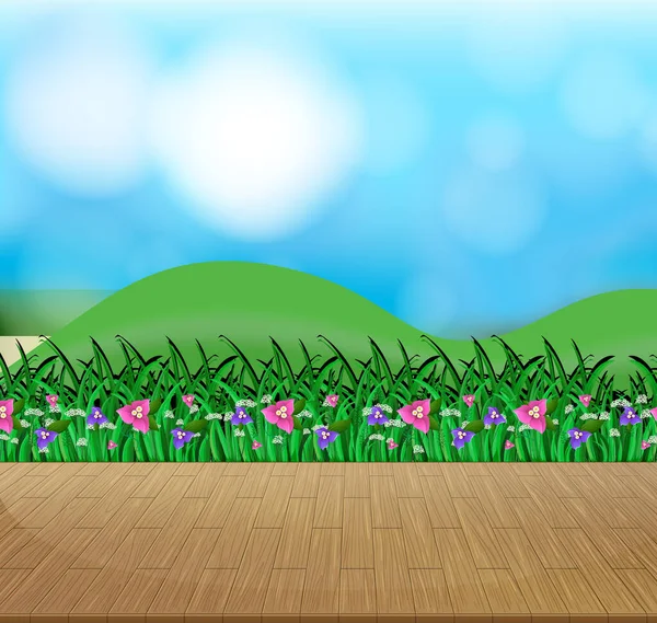 Natur Bakgrund Med Blomma Fält Och Grönt Gräs Illustration — Stock vektor