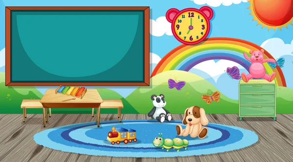 黒板と子供のおもちゃのイラストと空の幼稚園教室のインテリア — ストックベクタ