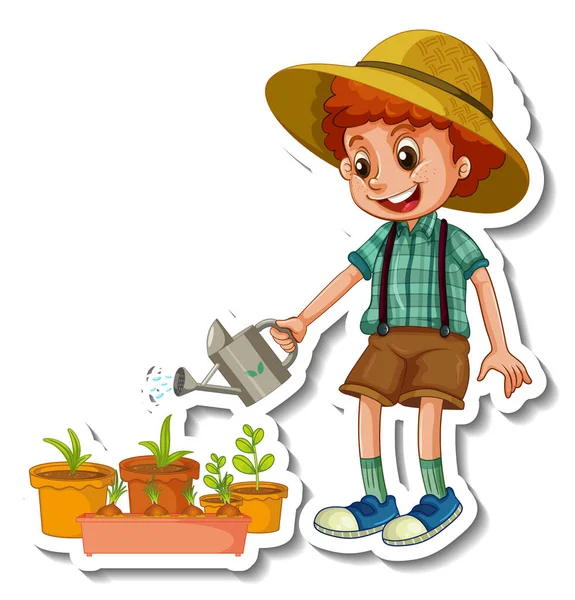 Sticker Sjabloon Met Een Jongen Drenken Plant Cartoon Karakter Geïsoleerde — Stockvector