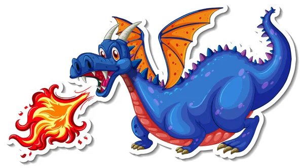 Dragón Soplando Fuego Dibujos Animados Carácter Pegatina Ilustración — Vector de stock