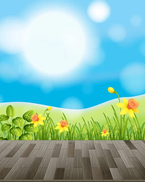 Φύση Φόντο Λουλούδι Τομέα Και Πράσινο Γρασίδι Εικονογράφηση — Διανυσματικό Αρχείο