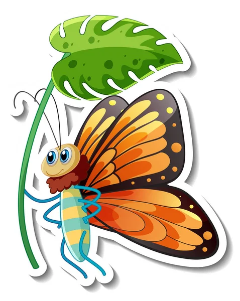 Sticker Template Cartoon Character Butterfly Holding Flower Isolated Illustration — Stock Vector