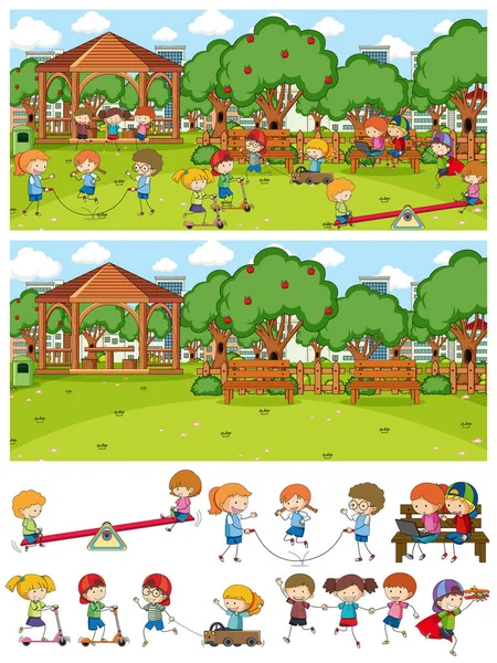 Set Different Horizontal Playground Scenes Doodle Kids Cartoon Character Illustration — Stock Vector