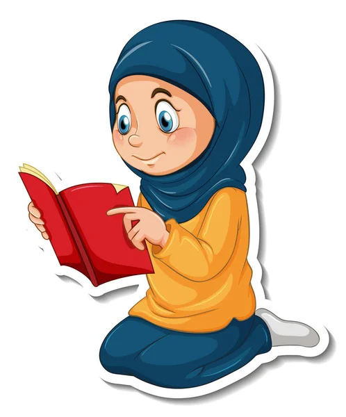 Una Plantilla Pegatina Con Chica Musulmana Leyendo Ilustración Libro Quran — Vector de stock