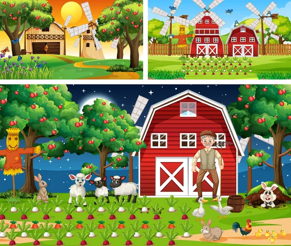 農場動物漫画のキャラクターイラストと異なる農場のシーン — ストックベクタ