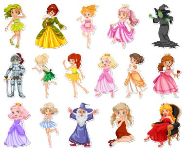 Farklı peri masalı karakter çizimleri içeren etiket seti