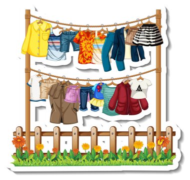 Beyaz arkaplan illüstrasyonundaki askılarda birçok giysi bulunan bir elbise etiketi tasarımı