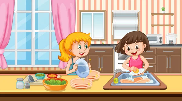 Escena Con Dos Chicas Lavando Plato Ilustración Cocina — Archivo Imágenes Vectoriales