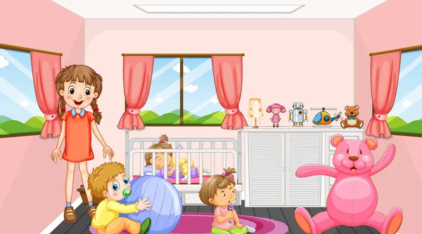 Escena Dormitorio Rosa Con Una Niña Bebés Ilustración — Archivo Imágenes Vectoriales