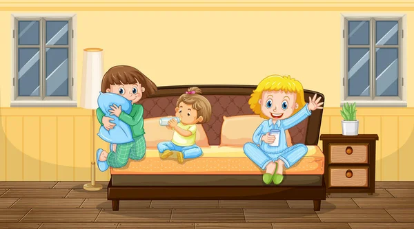 Escena Del Dormitorio Con Tres Niños Pijama Ilustración — Archivo Imágenes Vectoriales