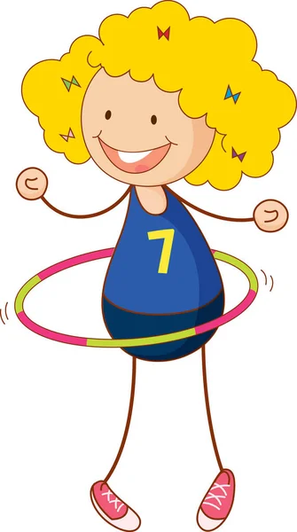 Nettes Mädchen Spielt Hula Hoop Cartoon Figur Der Hand Gezeichnet — Stockvektor