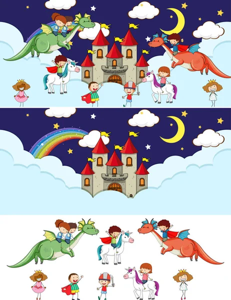 Set Von Verschiedenen Horizontalen Märchen Himmel Szenen Mit Doodle Kinder — Stockvektor