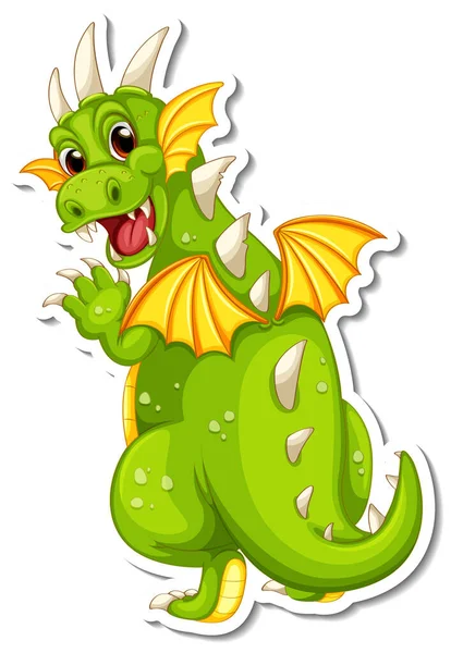 Dibujos Animados Dragón Verde Personaje Etiqueta Ilustración — Archivo Imágenes Vectoriales