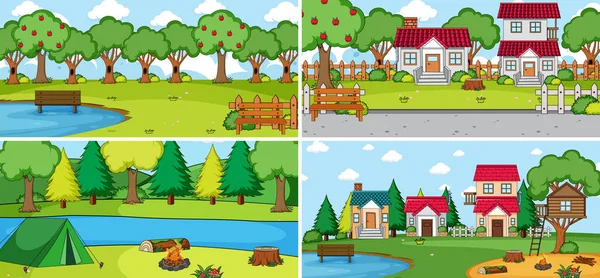 Set Different Nature Scenes Cartoon Style Illustration — Stock Vector