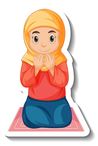 Sticker Template Muslim Girl Sitting Rug Praying Illustration — Stock Vector