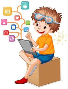 Çevrimiçi illüstrasyon öğrenmek için tablet kullanan bir çocuk