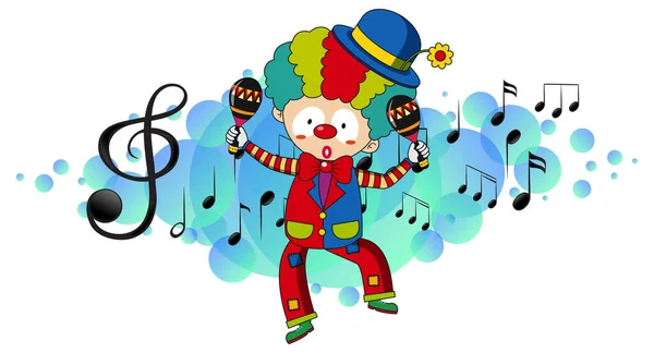 Personaggio Dei Cartoni Animati Clown Danza Con Melodia Musicale Simboli — Vettoriale Stock