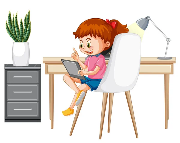 Girl Learning Home Electronic Device Illustration — Stock Vector