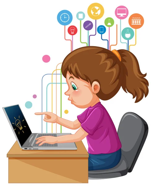 Une Fille Utilisant Ordinateur Portable Pour Apprentissage Distance Illustration Ligne — Image vectorielle