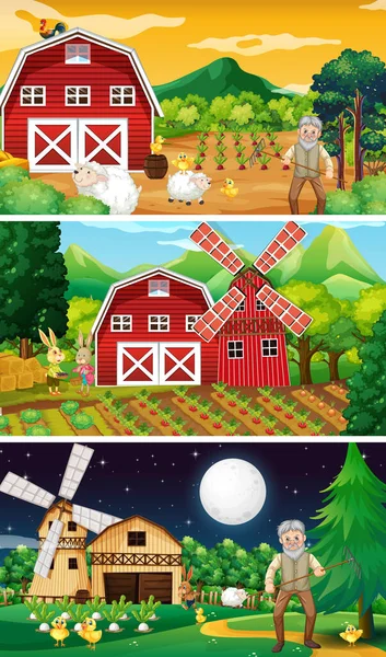 Different Farm Scenes Old Farmer Animal Cartoon Character Illustration — Stock Vector
