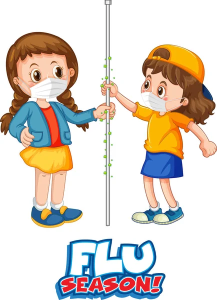 Two Kids Cartoon Character Keep Social Distance Flu Season Font — Stock Vector