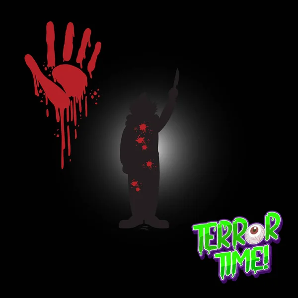 Terror Time Logo Bloody Hand Print Clown Silhouette Illustration — Stock Vector