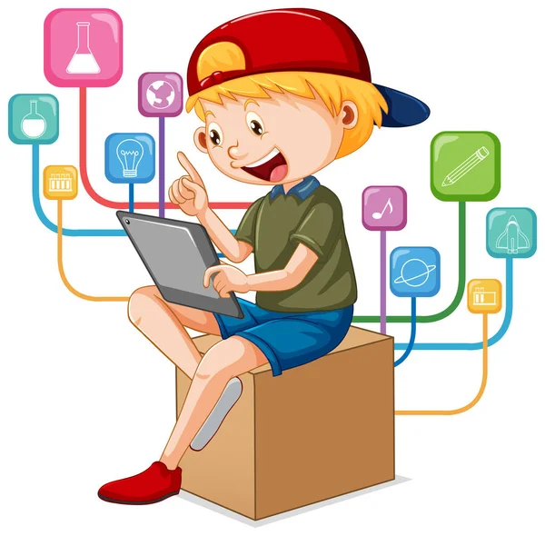 Boy Using Tablet Distance Learning Online Illustration — Stock Vector