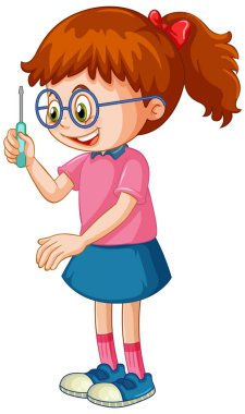 Beyaz arkaplanda tornavida tutan bir kız.