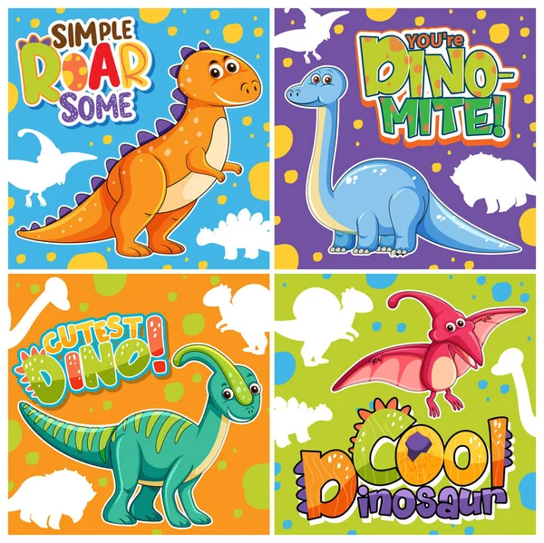 Set Different Cute Dinosaur Posters Speech Font Illustration — Stock Vector