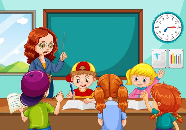 Teacher Teaching Students Classroom Scene Illustration — Stock Vector