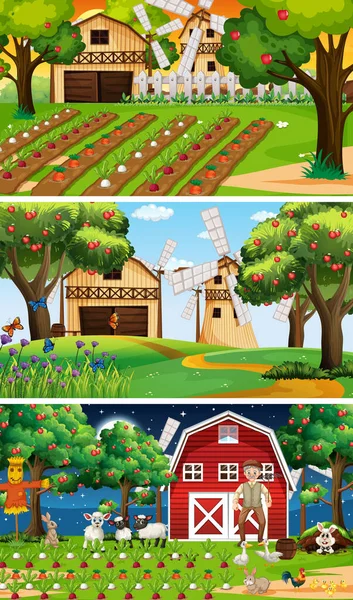 Different Farm Scenes Old Farmer Animal Cartoon Character Illustration — Stock Vector