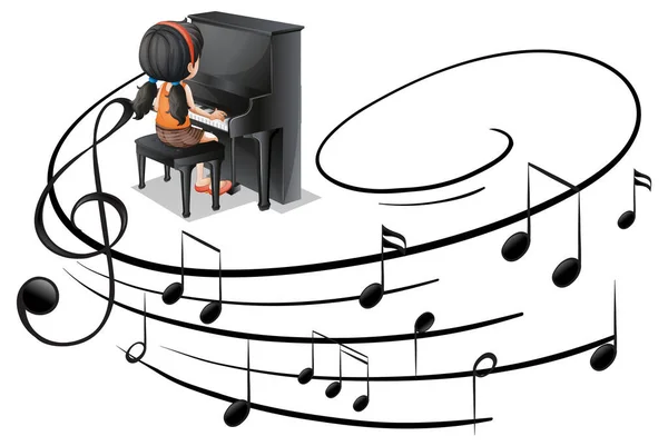 Musikalisk Melodi Symboler Med Flicka Som Spelar Piano Isolerad Illustration — Stock vektor