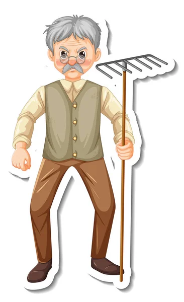 Sticker Template Gardener Old Man Holds Rake Gardening Tool Isolated — Stock Vector