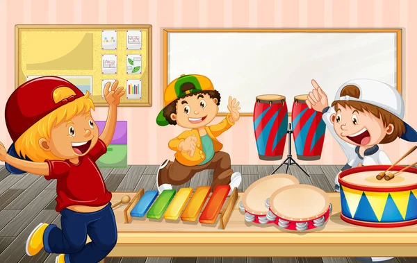 Kinderen Klas Met Diverse Muziekinstrumenten Illustratie — Stockvector