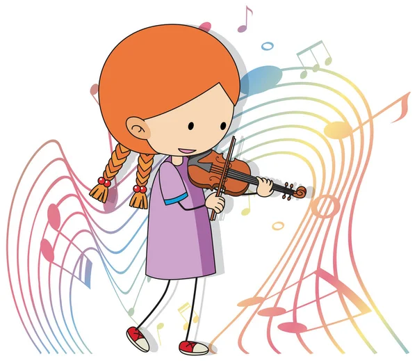 Desenhos Animados Rabiscar Uma Menina Tocando Violino Com Símbolos Melodia — Vetor de Stock