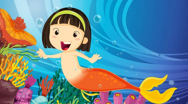 小さな人魚の漫画のキャラクターイラストと水中シーン — ストックベクタ