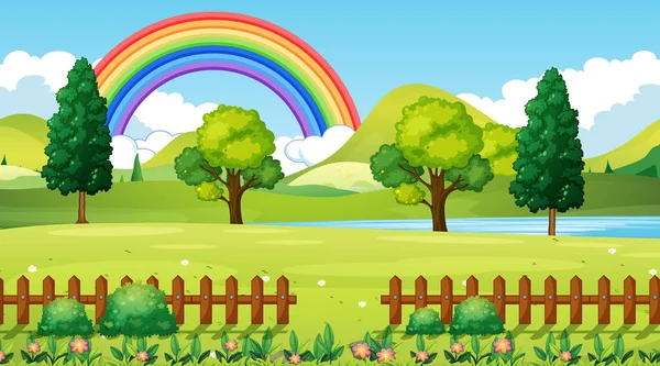 Fondo Escena Del Parque Natural Con Arco Iris Cielo Ilustración — Archivo Imágenes Vectoriales