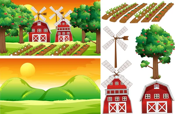 Conjunto Elementos Agrícolas Aislados Con Ilustración Escena Granja — Archivo Imágenes Vectoriales