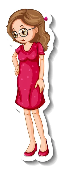立ち姿の赤いドレスを着た女性がポーズイラストを描いたステッカーテンプレート — ストックベクタ