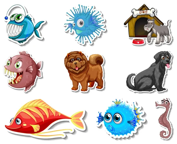 Conjunto Pegatinas Con Animales Mar Perros Ilustración Personajes Dibujos Animados — Archivo Imágenes Vectoriales