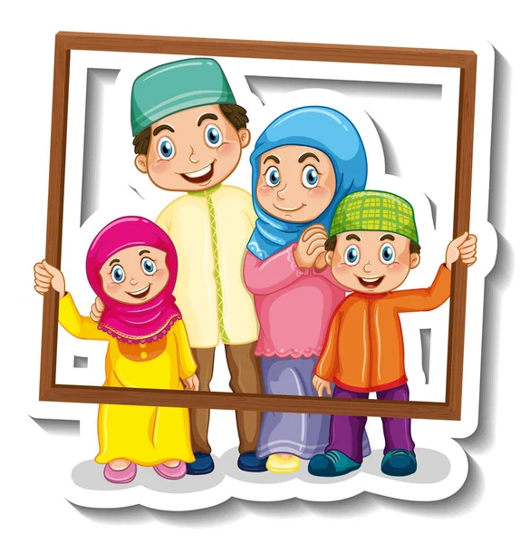 Sticker Sjabloon Met Islamitische Familie Cartoon Karakter Illustratie — Stockvector