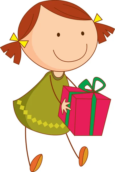 Doodle Kid Holding Gift Box Cartoon Character Isolated Illustration — Stock Vector