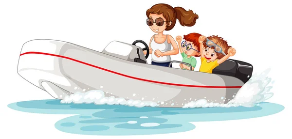 Kvinna Som Kör Motorbåt Med Barn Illustration — Stock vektor