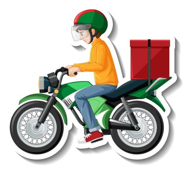 Motosiklet illüstrasyonunda teslimatçı adamın olduğu bir etiket şablonu