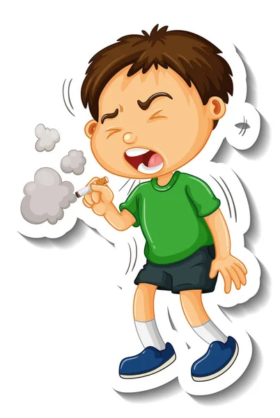 Sticker Template Boy Smoking Cartoon Character Isolated Illustration — Stock Vector