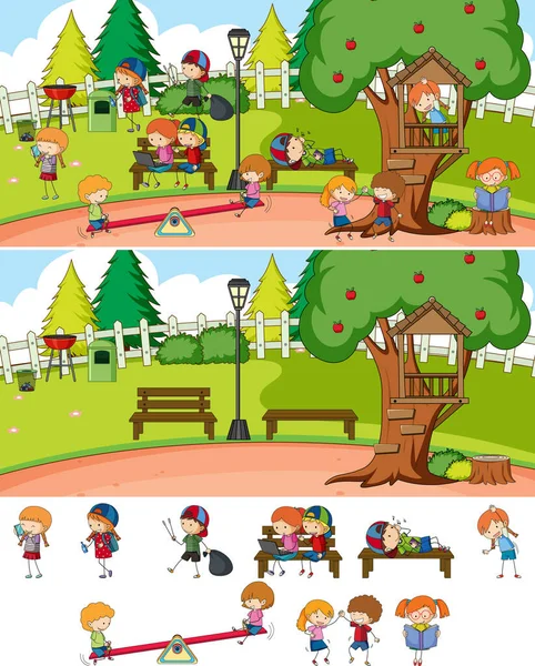 Parque Cena Set Com Muitas Crianças Doodle Desenho Animado Personagem —  Vetores de Stock